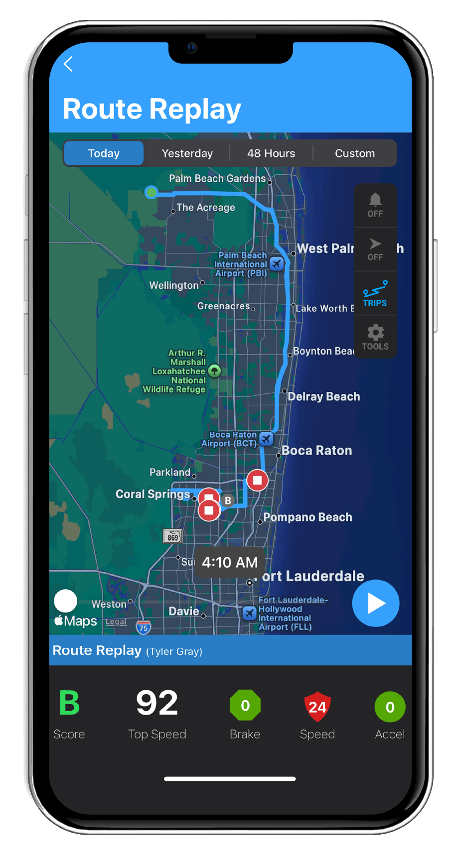 A digital map showing a blue route path with various green and red circular markers highlighting transit stops or points of interest in the Pompano Beach area.