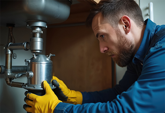 Plumber fixing pipes under the sink