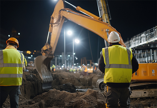Construction workers at a site at night
