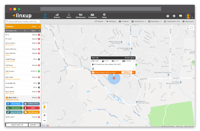 Linxup GPS tracking software screenshot