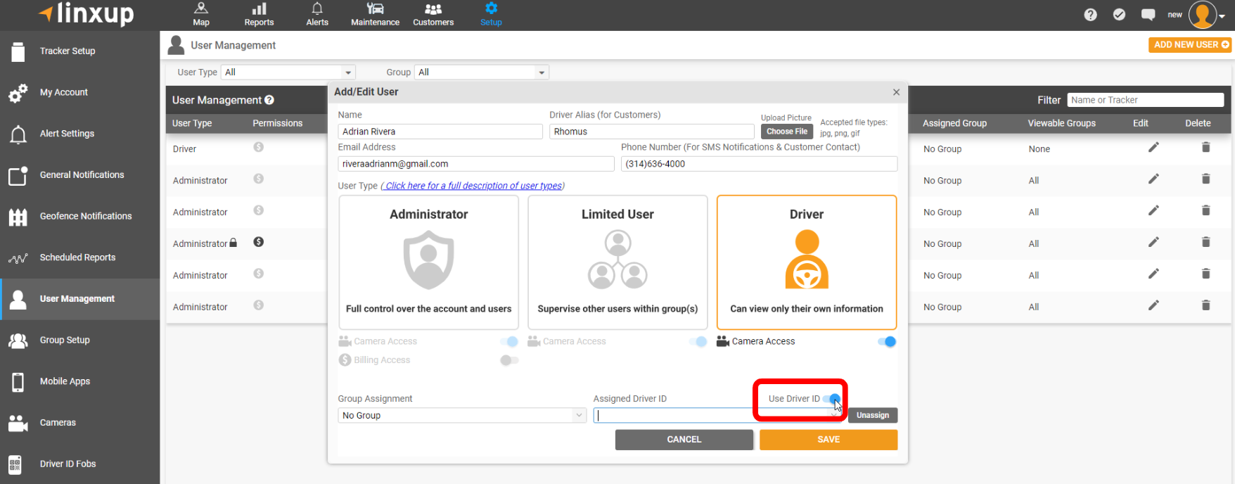 Image of Enabling Driver ID in Add/Edit User on User management