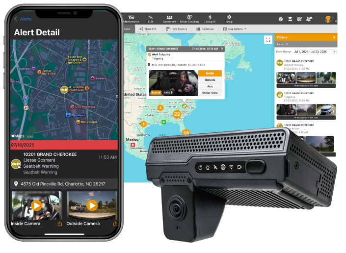 A mobile app alert detail screen displays a map pin for a seatbelt warning in Charlotte, NC, along with inside and outside vehicle camera footage thumbnails.