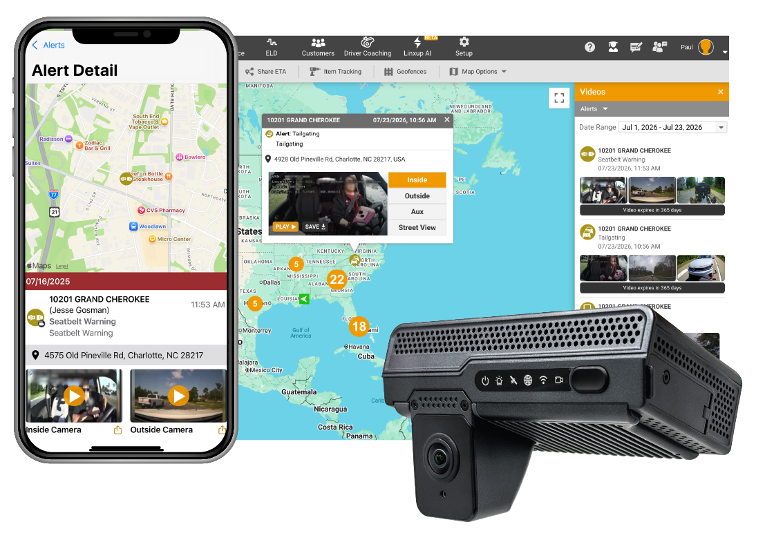 A mobile app alert detail screen displays a map pin for a seatbelt warning in Charlotte, NC, along with inside and outside vehicle camera footage thumbnails.