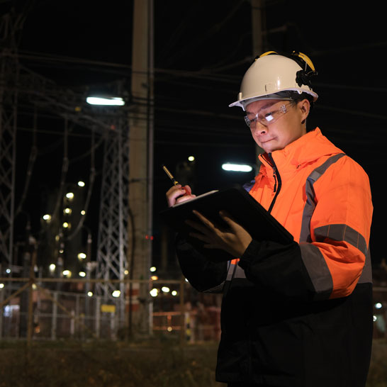 A worker in a high-visibility orange jacket, hard hat, and safety glasses writes on a clipboard at night in front of an electrical substation.