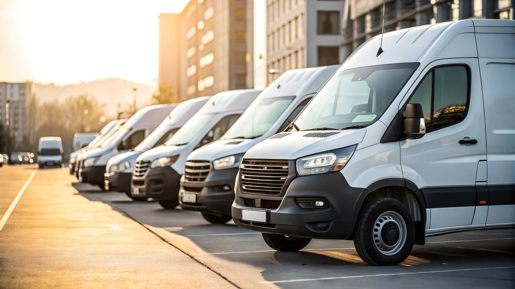 A row of white delivery vans is parked in an outdoor lot during a sunny day.