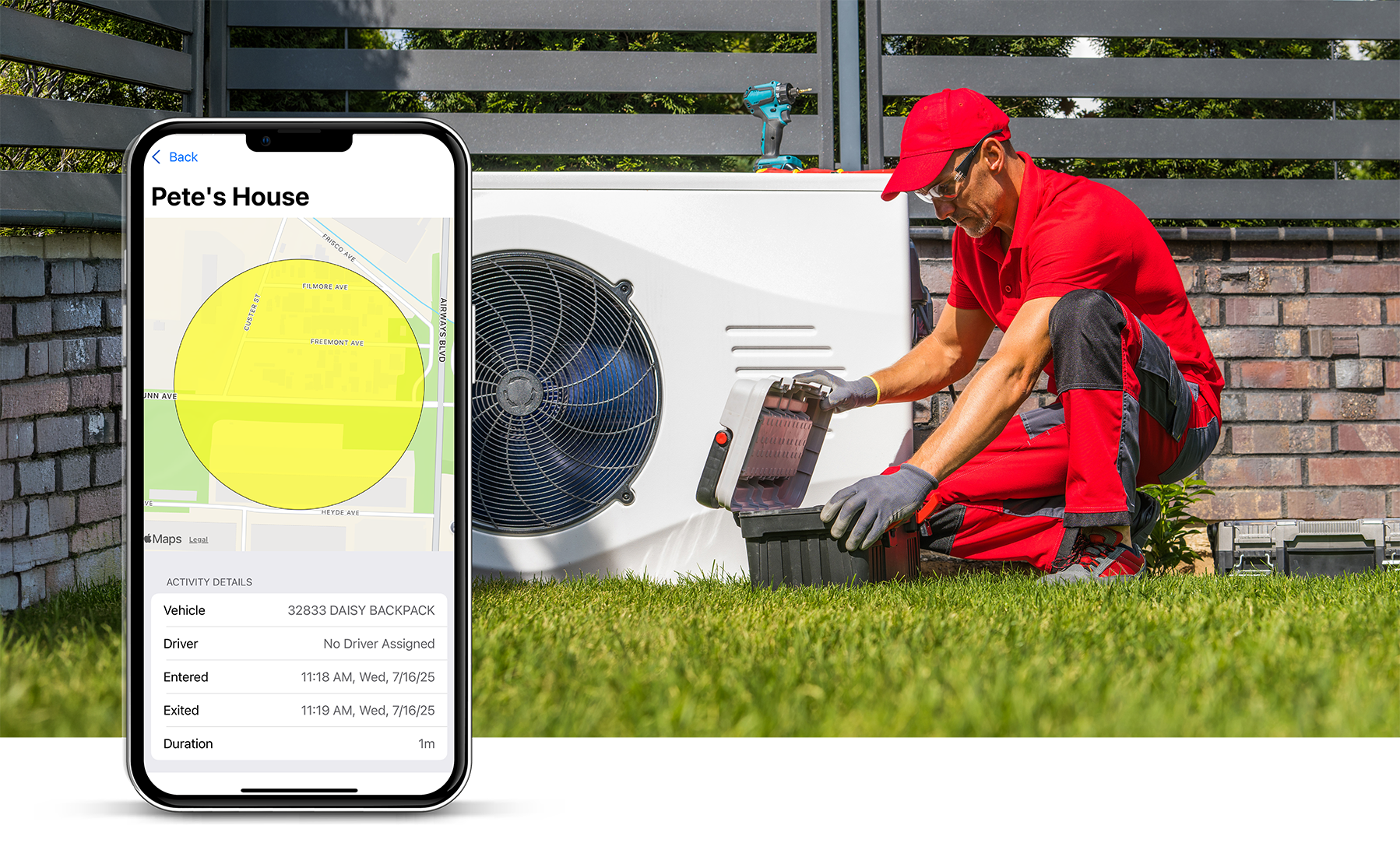 Technician in red uniform working with HVAC equipment outdoors, alongside a phone screen showing geofencing and activity details for "Pete's House."