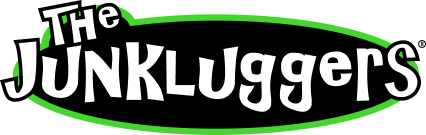 Logo for "The Junkluggers" with white text on a black oval background outlined in green.