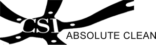 Black logo with the text "CSI Absolute Clean" over a stylized design resembling spilled liquid.
