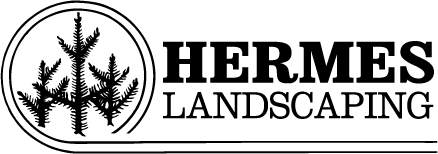 The logo for Hermes Landscaping features a circular design containing three evergreen trees next to the company name in a bold, serif font.