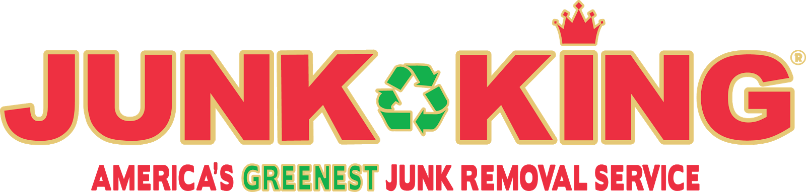 The Junk King logo features red, bold text with a green recycling symbol replacing the letter "O" and a small red crown above the letter "I". Below the brand name, the slogan reads "America's greenest junk removal service."