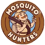 Circular logo for Mosquito Hunters featuring a cartoon man in safari gear holding a vacuum device and a mosquito against a blue background.