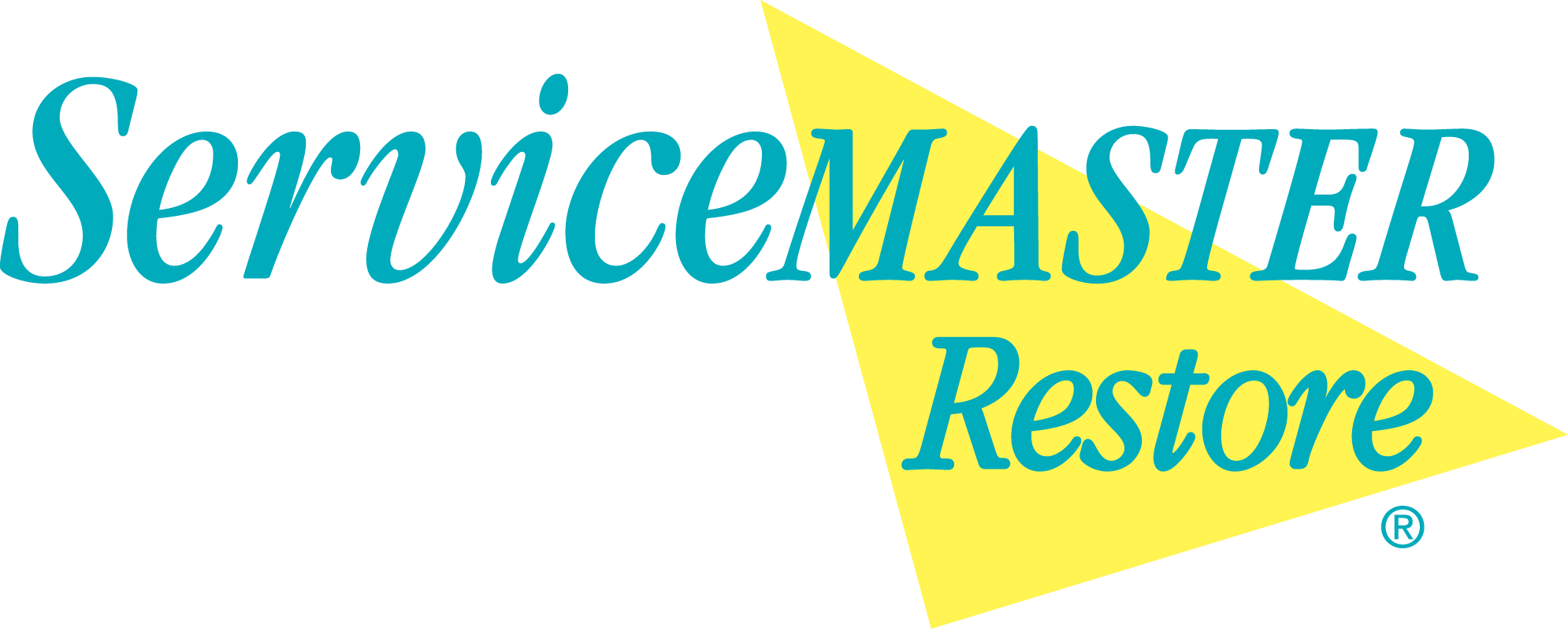 The ServiceMaster Restore logo features teal, italicized text overlaid on a bright yellow triangle pointing to the right.