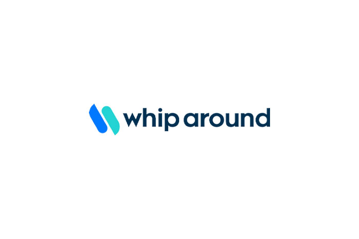 The Whip Around logo features a stylized blue and teal icon consisting of two slanted, pill-shaped elements next to the company name written in a dark blue sans-serif font.