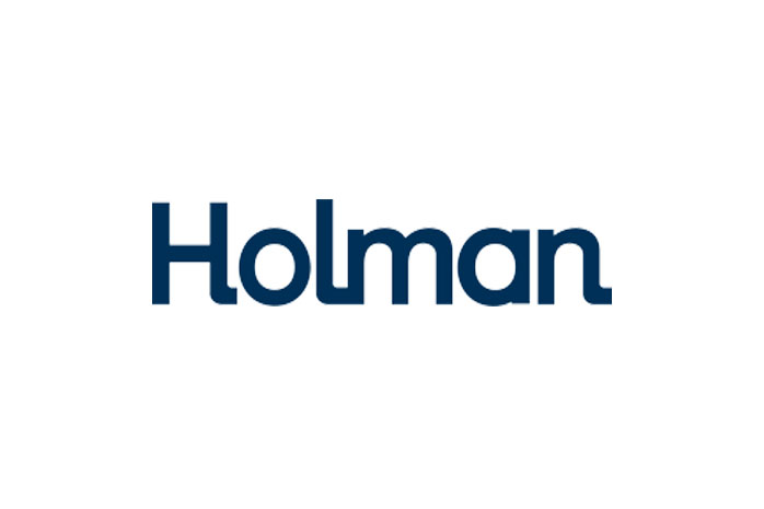 Blue "Holman" logo with bold, lowercase letters on a white background.