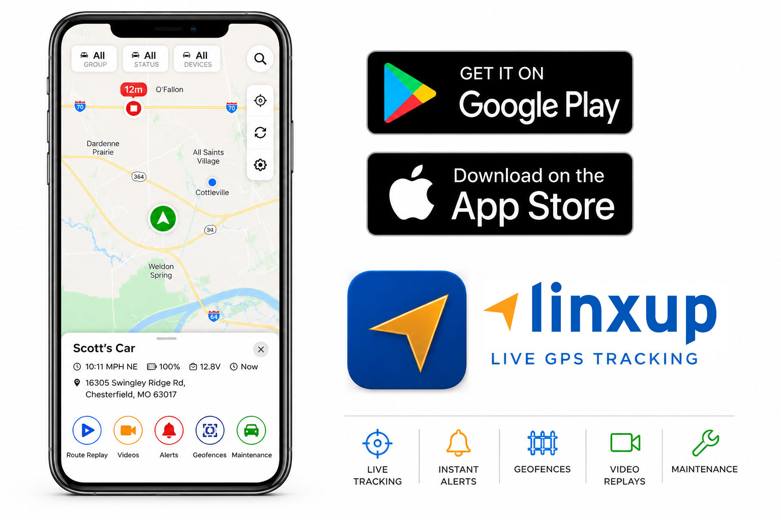 A smartphone displaying the Linxup GPS tracking app alongside its logo, app store download buttons, and feature icons.
