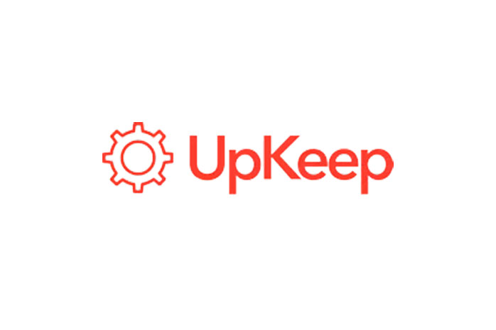 Red gear icon next to the word "UpKeep" in bold red letters.