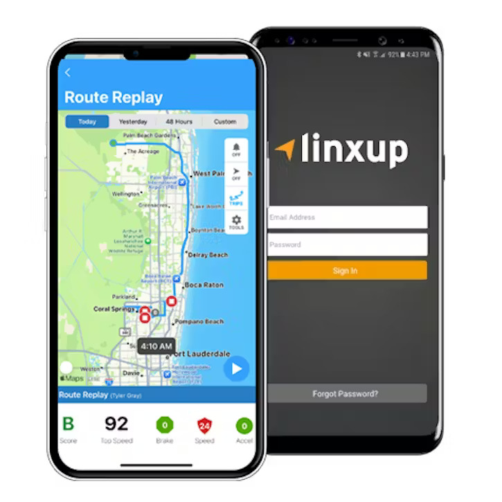 Two smartphones side-by-side display the Linxup mobile application, showing a map-based route replay interface on the left and a user login screen on the right.