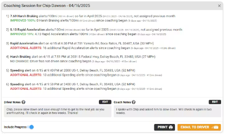 A dashboard showing a driver's coaching session report with a list of driving alerts, such as harsh braking and rapid acceleration, along with notes for both the driver and coach.
