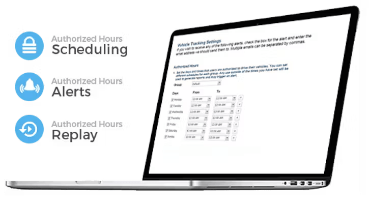 A laptop displaying a scheduling settings interface is shown next to a sidebar featuring circular icons and text for Scheduling, Alerts, and Replay.