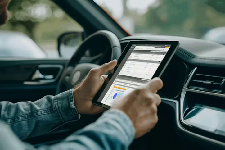 A person sitting in the driver's seat of a car holds a tablet displaying a professional dashboard with data charts.