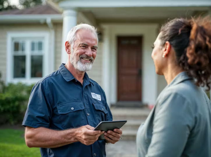 A smiling older man in a blue work shirt holds a tablet while speaking to a woman in front of a house.