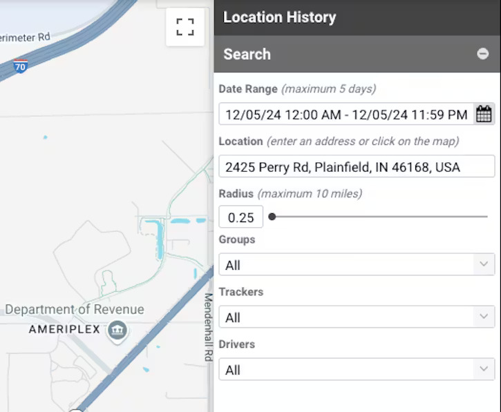 A screenshot of a Location History interface featuring a map on the left and a search panel on the right with fields for date range, location, radius, groups, trackers, and drivers.