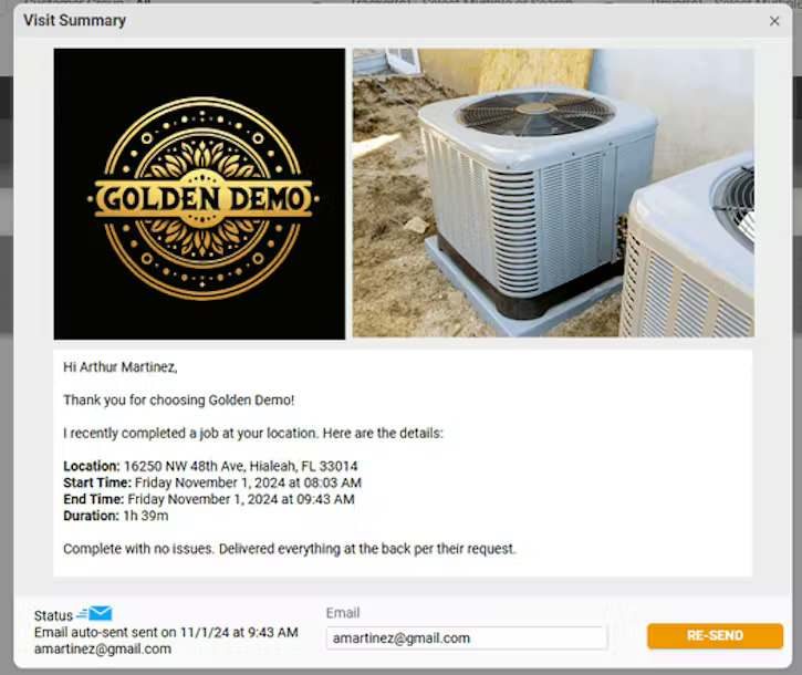 A digital Visit Summary for Golden Demo showing a service location in Hialeah, FL, including photos of the job site and appointment details.