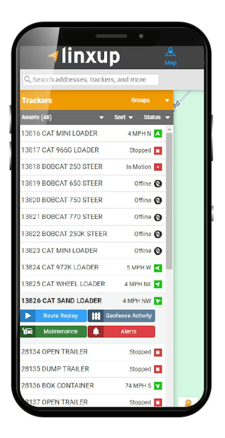 A smartphone screen displaying the Linxup fleet tracking application, showing a list of various construction vehicles and equipment with their current status, speed, and location indicators.