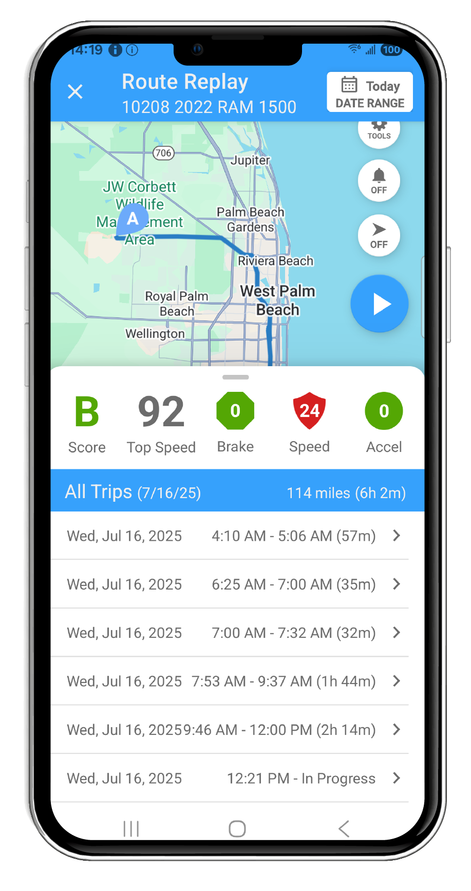 A smartphone screen displaying the Linxup fleet tracking application, showing a list of various construction vehicles and equipment with their current status, speed, and location indicators.
