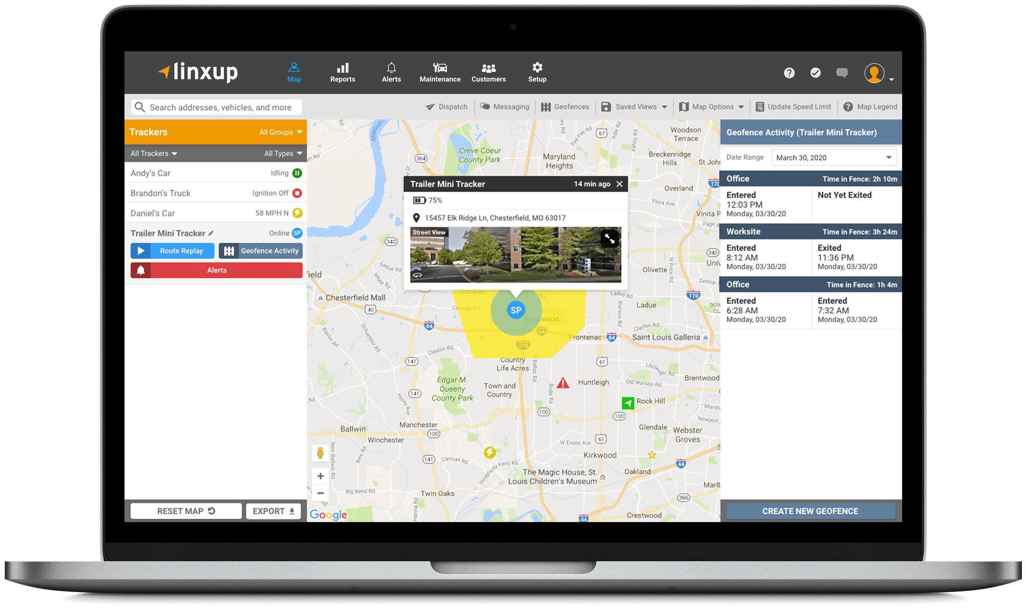 A laptop displaying the Linxup fleet management software interface, showing a vehicle tracking map with a highlighted geofence area and a real-time status pop-up for a specific vehicle.