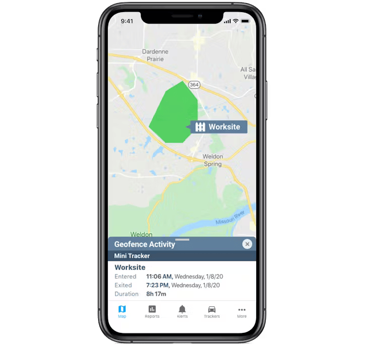 A smartphone screen displays a map with a highlighted green "Worksite" zone and a bottom panel showing geofence activity logs, including entry, exit, and duration times.