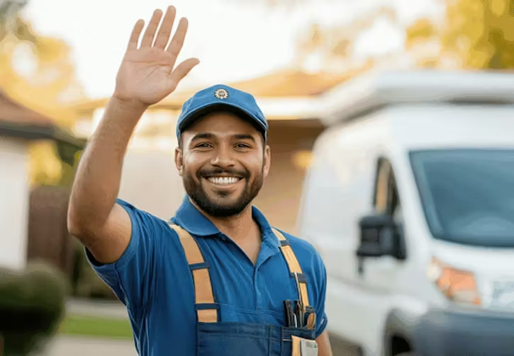 A smiling delivery worker wearing a blue uniform and cap waves to the camera in front of a white work van parked at a residential house.
