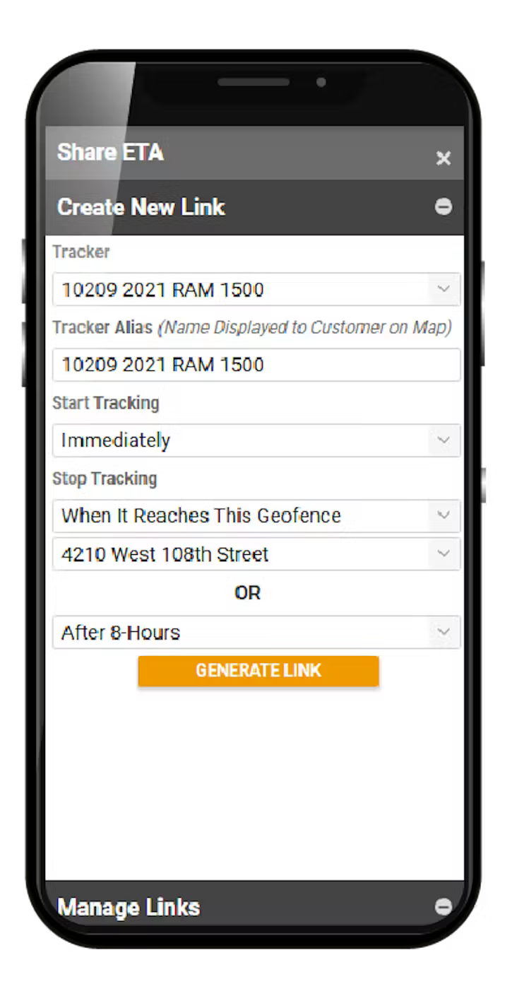 A mobile app interface for "Share ETA" showing a "Create New Link" form with fields for tracker selection, alias, start and stop tracking conditions, and a button to generate the link.