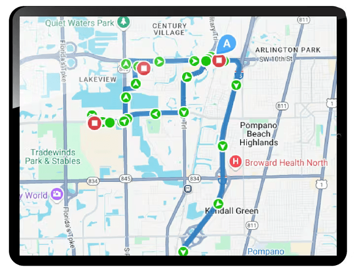A digital map on a tablet screen displays a planned route through the Pompano Beach Highlands area with blue path lines, location markers, and green turn-by-turn arrows.