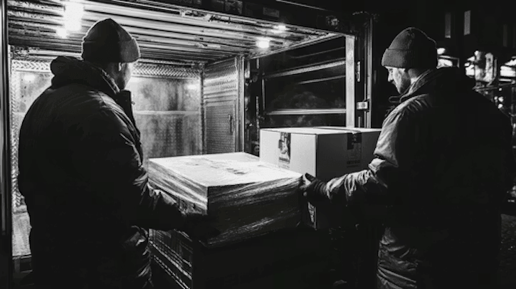 Two workers wearing winter hats and coats unload large boxes from the back of a truck at night.