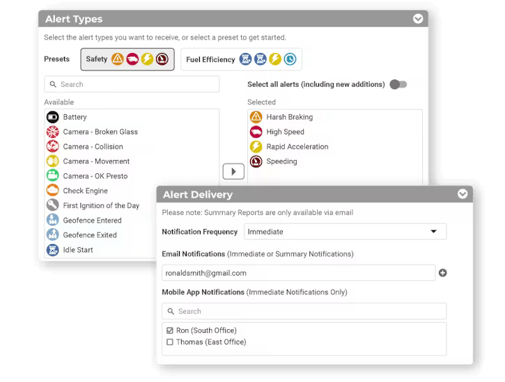 A software interface showing configuration panels for Alert Types, featuring preset categories and a searchable list of available alerts, and an Alert Delivery panel for setting notification frequency, email address, and mobile app recipients.