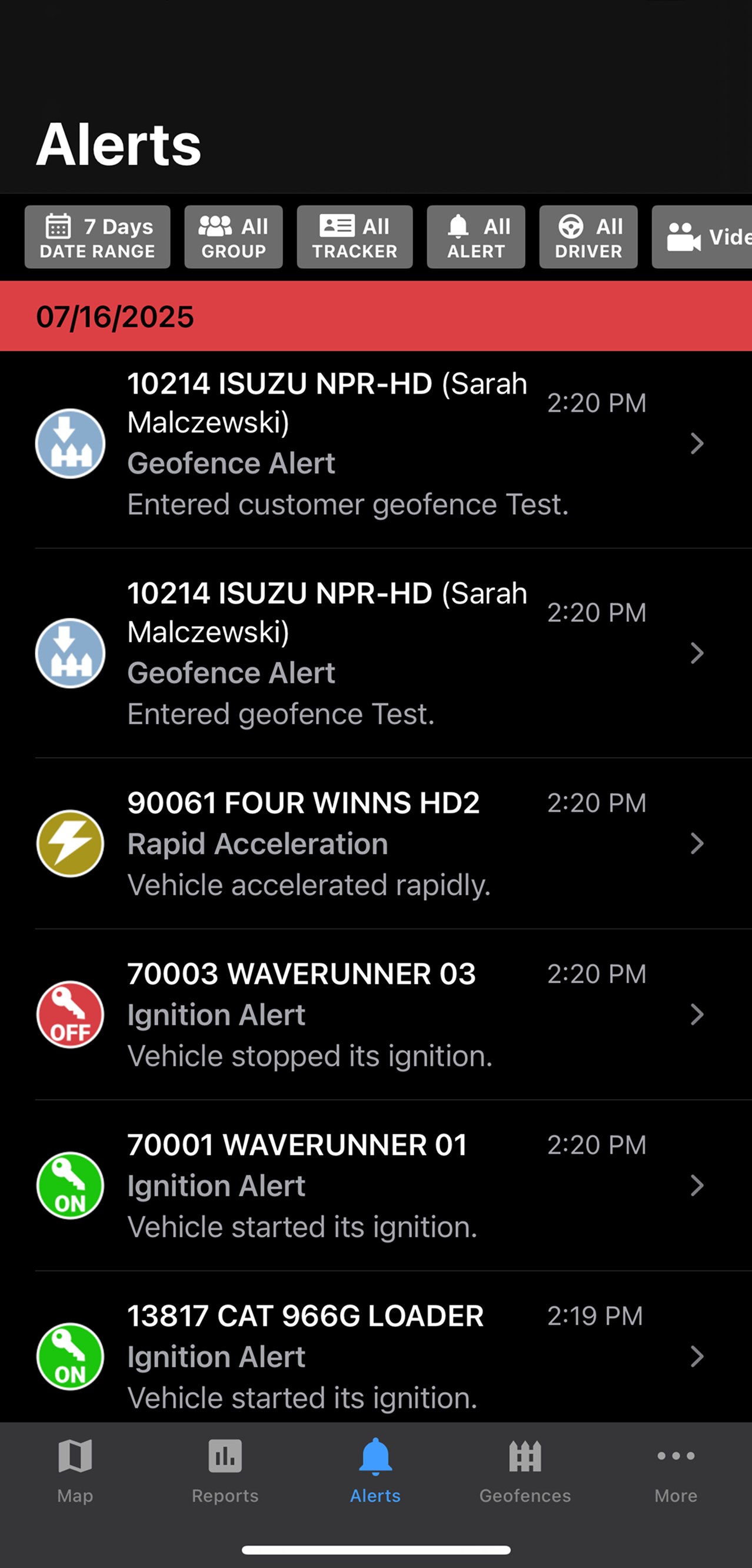 A mobile app interface displaying a list of vehicle alerts, including unauthorized usage, high speed, harsh braking, geofence, and ignition events.