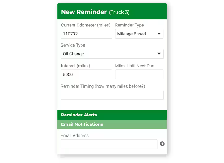 A form for creating a new service reminder for a truck, including fields for current odometer, service type, mileage intervals, and email notification settings.