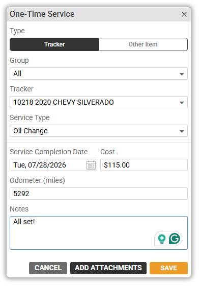 A modal dialog titled "One-Time Service" with form fields to enter details like type, item group, item, service type, date, cost, and notes, with cancel and save buttons.