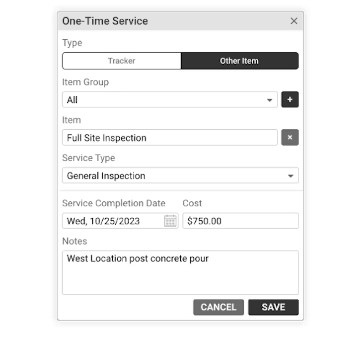A modal dialog titled "One-Time Service" with form fields to enter details like type, item group, item, service type, date, cost, and notes, with cancel and save buttons.