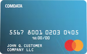 A blue Comdata Mastercard features the name John Q. Customer Company LLC.