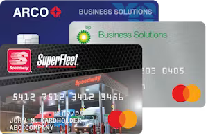Three business fuel cards from ARCO, bp, and Speedway stacked on top of each other.