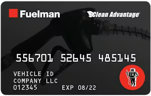 A black Fuelman Clean Advantage fuel card with a ghosted fuel pump image in the background, featuring a card number, vehicle ID, company name, and expiration date.