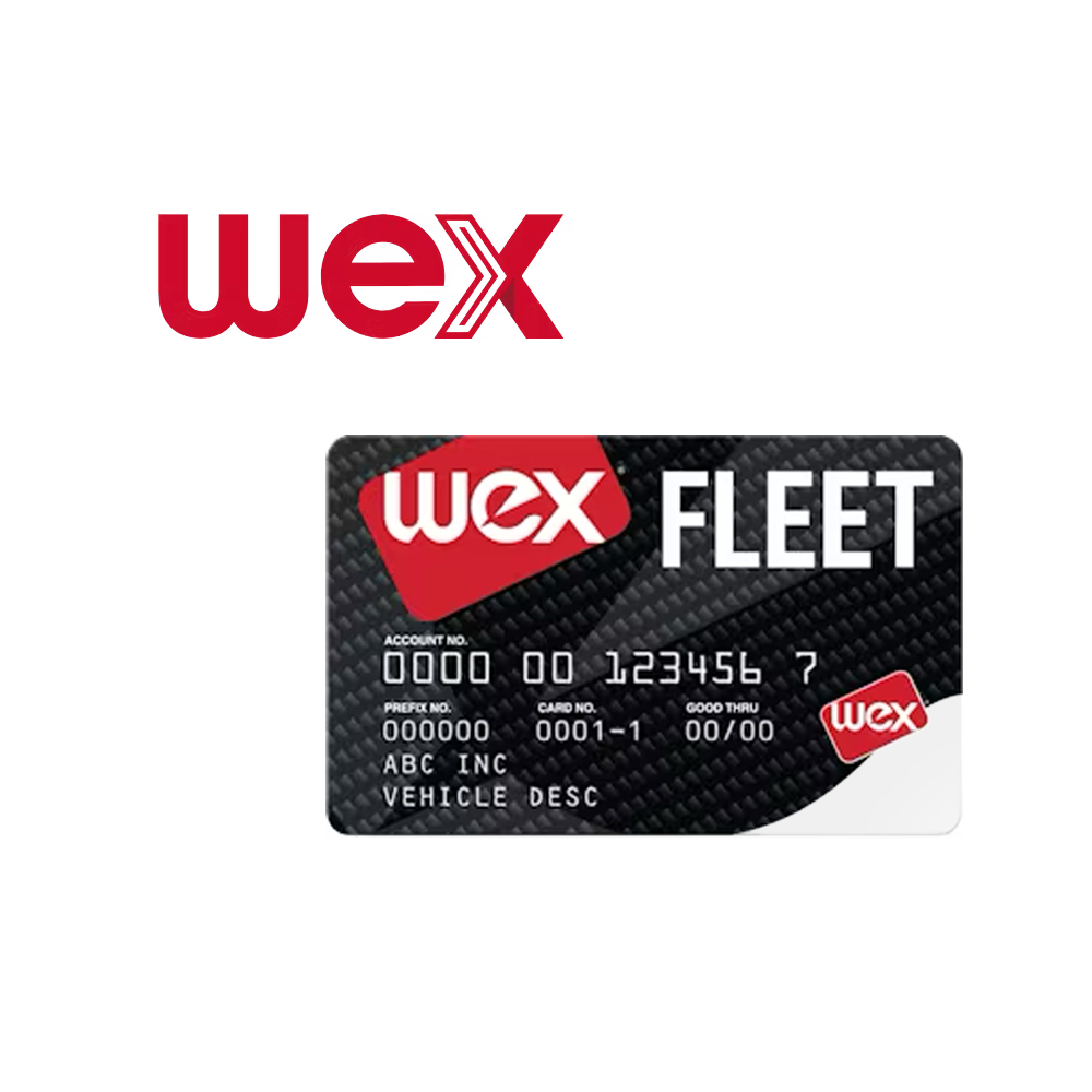 A WEX Fleet fuel card with a black carbon fiber texture, featuring the WEX logo and placeholders for account and vehicle information.