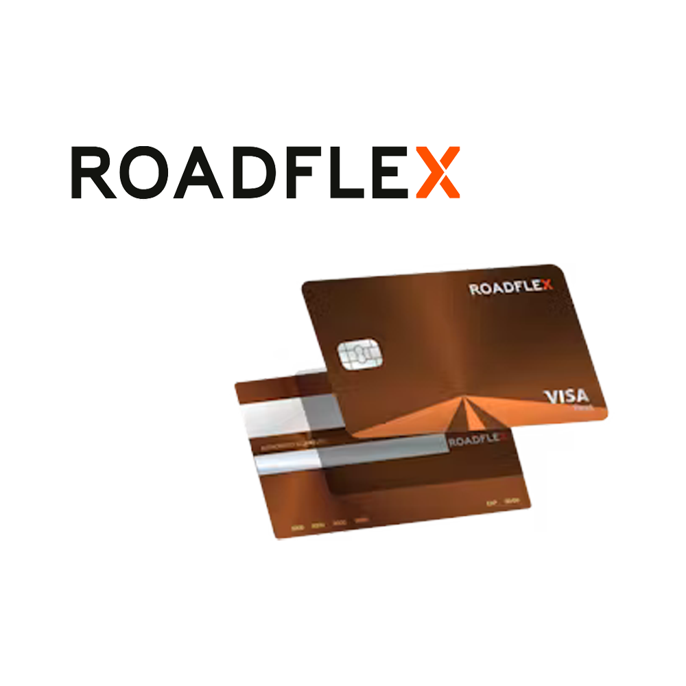 Two bronze-colored RoadFlex Visa credit cards are displayed against a checkered transparent background, one angled over the other. The RoadFlex logo is also featured prominently in text above the cards.