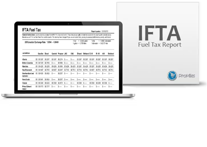 A laptop displaying an IFTA Fuel Tax report table placed next to a branded card with the text "IFTA Fuel Tax Report."