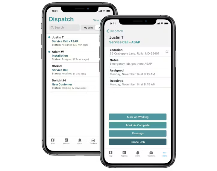 Two smartphones side-by-side display a dispatch mobile application interface, showing a list of service calls on the left and detailed job information with action buttons on the right.