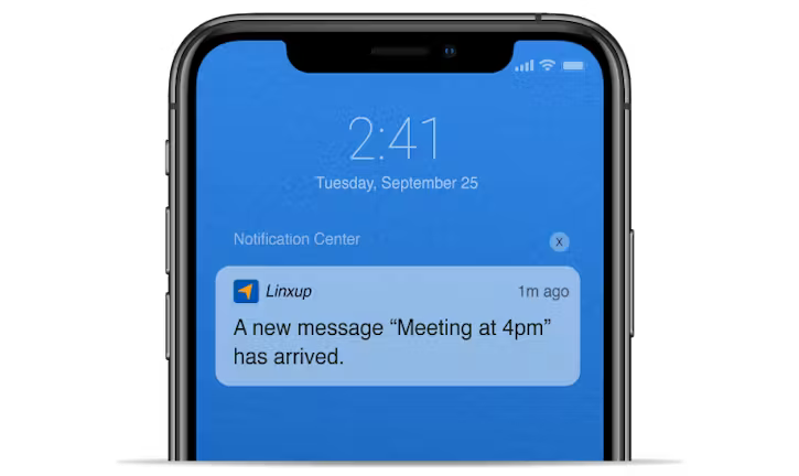 A smartphone screen displays a notification from the app Lineup stating, "A new message 'Meeting at 4pm' has arrived."