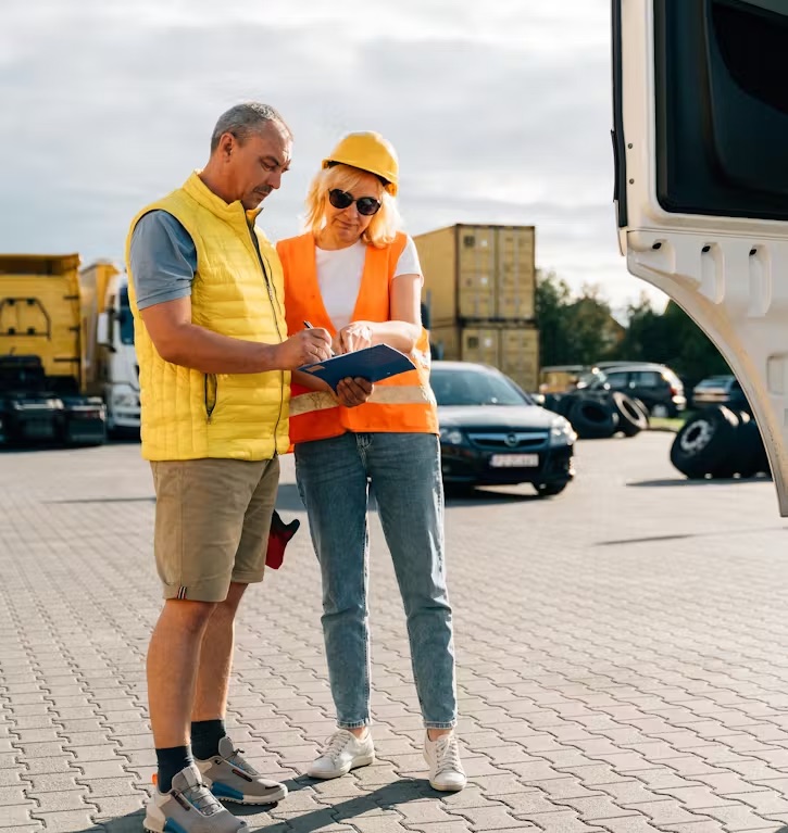 A man in a yellow vest and a woman in an orange safety vest and hard hat stand in a shipping yard, reviewing documents together.