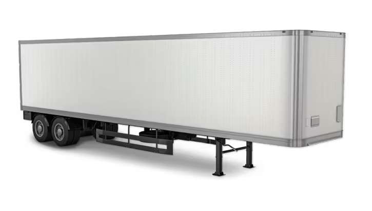 A white semi-truck trailer shown from a three-quarter angle against a transparent background.